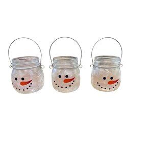 Rustic Winter Snowman Mason Jar Candle Holders Handcrafted Frosted Glass Luminar